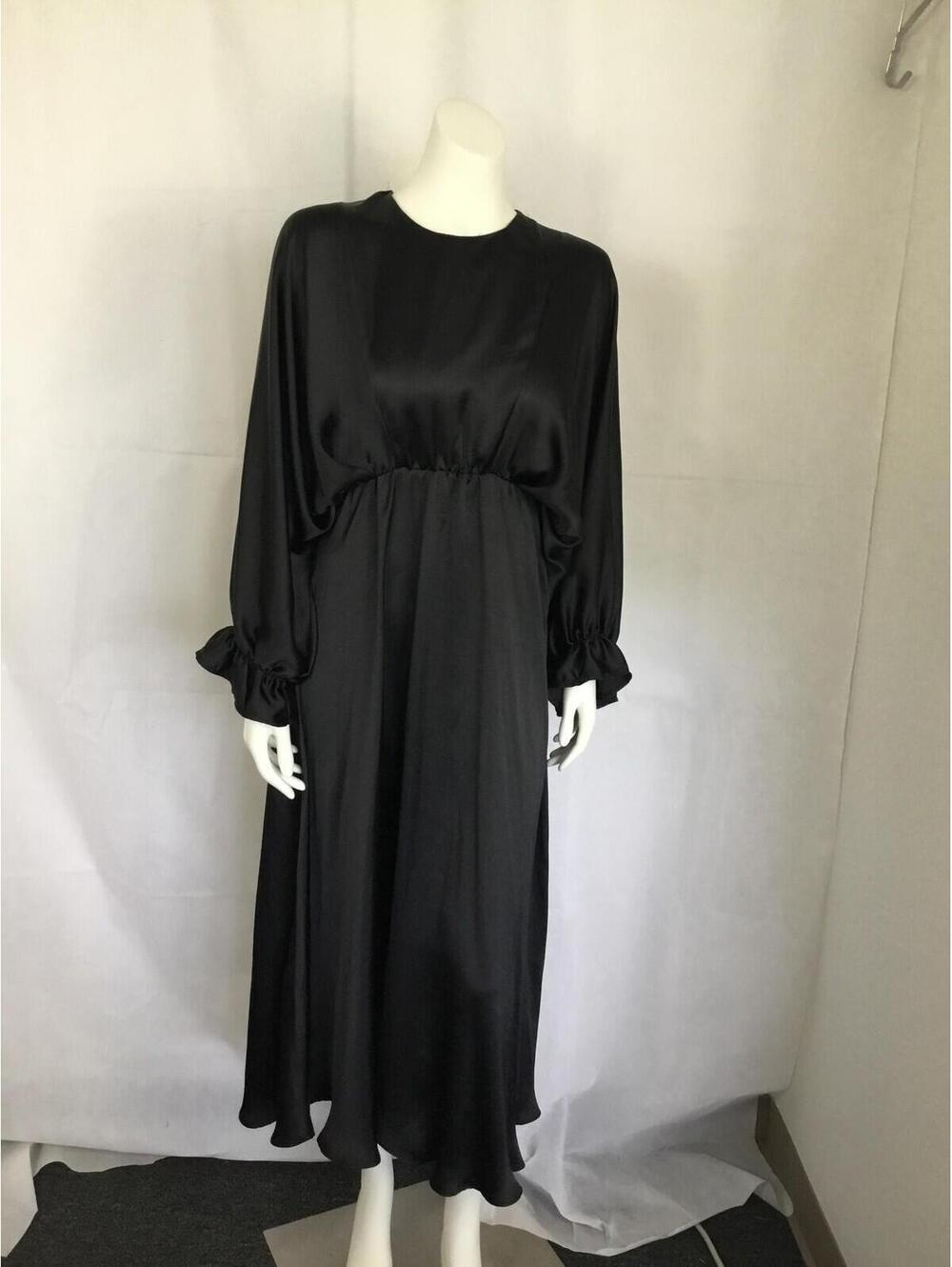 [384] Zara Dress Womens XS Black Satin Long Sleeve Ruffle Maxi Asym Hem Party